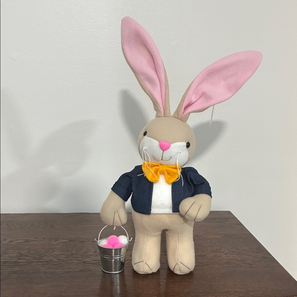 NWT- 16” Brown Easter Bunny Rabbit Greeter w/ Bow Tie & Easter Egg Pail